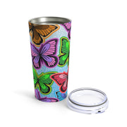 Bright Butterflies In Pink Green Yellow Blue And Purple Design UV-DTF 20 oz Skinny Tumbler Wrap