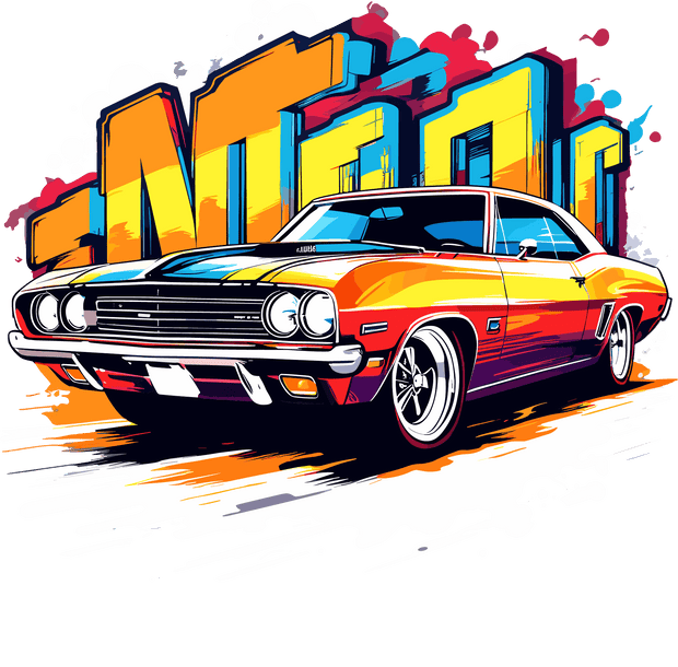 Orange Yellow & Blue Car DTF (direct-to-film) Transfer