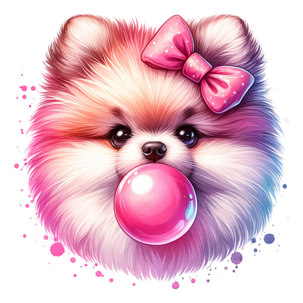 POMERANIAN BLOWING A BUBBLE WITH BOW DTF (direct-to-film) Transfer