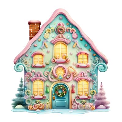 Pastel Christmas House With Brick Chimney DTF (direct-to-film) Transfer