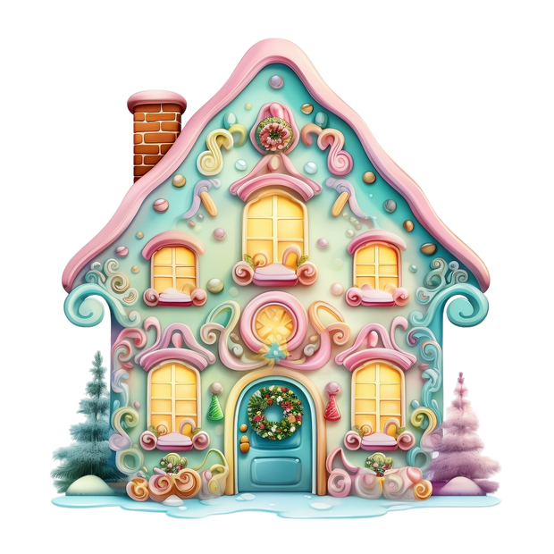 Pastel Christmas House With Brick Chimney DTF (direct-to-film) Transfer