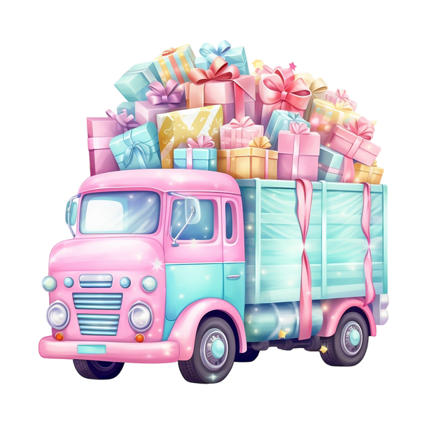 Pastel Pink and Blue Truck Full of Gifts DTF (direct-to-film) Transfer