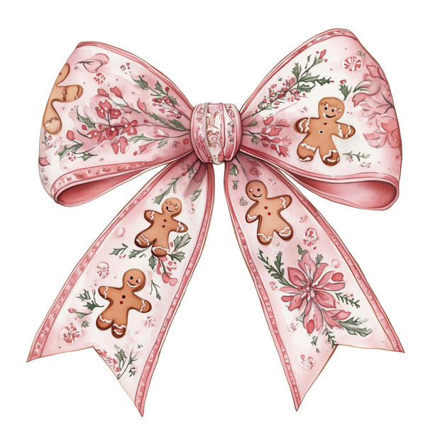 Pink Bow Floral With Gingerbreadmen DTF (direct-to-film) Transfer