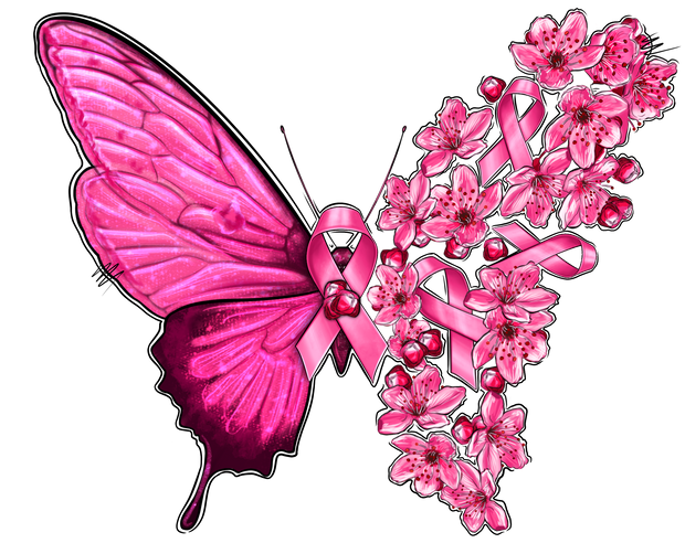 Pink Flowers Butterfly with Breast Cancer Ribbon DTF (direct to film) Transfer