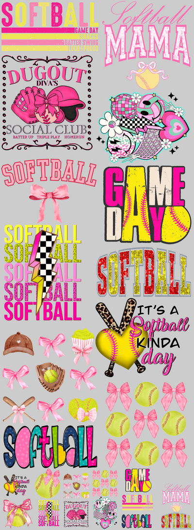 Pink Softball with Pocket Sizes 1 60x22" DTF Ready to Ship Gang Sheet