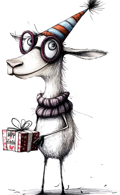 Quirky Goat With Party Hat Eyeglasses Bearing A Gift DTF (direct-to-film) Transfer