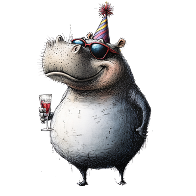 Quirky Hawaiian Hippo With Party Hat Red Wine And  Sunglasses 3 DTF (direct-to-film) Transfer