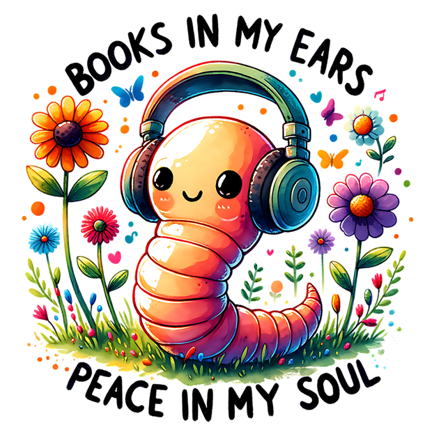 Rainbow Colored Flowers Books in my Ears Worm DTF (direct-to-film) Transfer