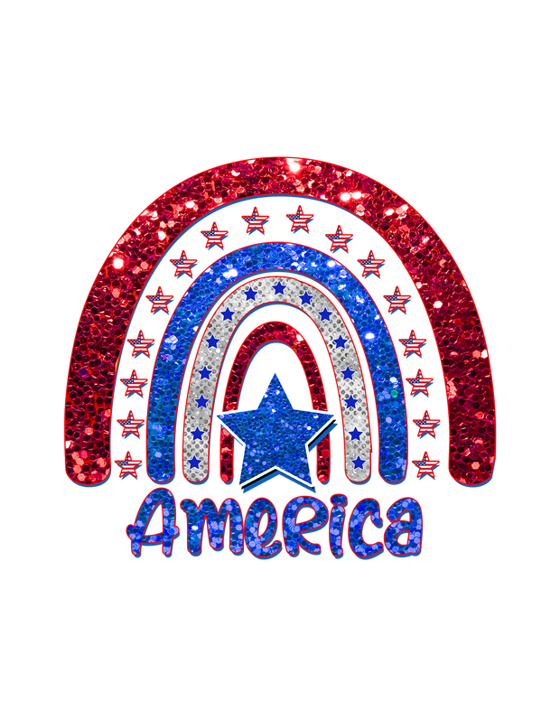 America with Blue and Red Rainbow Faux Glitter DTF (direct-to-film) Transfer