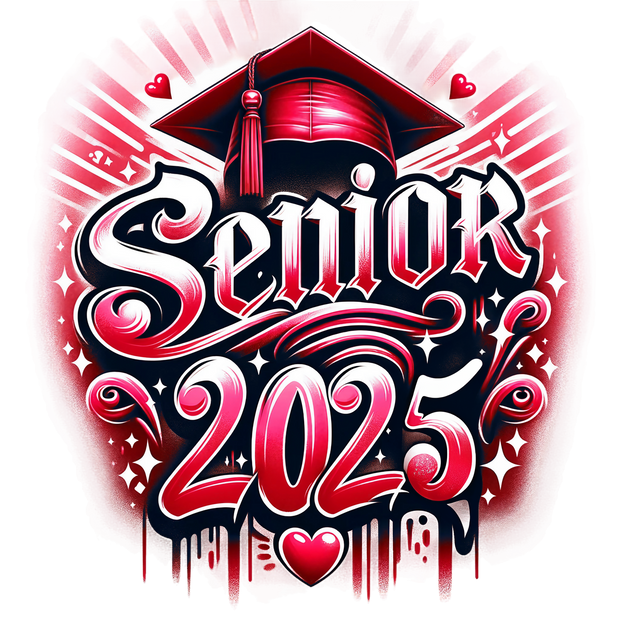 Red Senior 2025 Airbrushed Hearts & Cap DTF (direct-to-film) Transfer