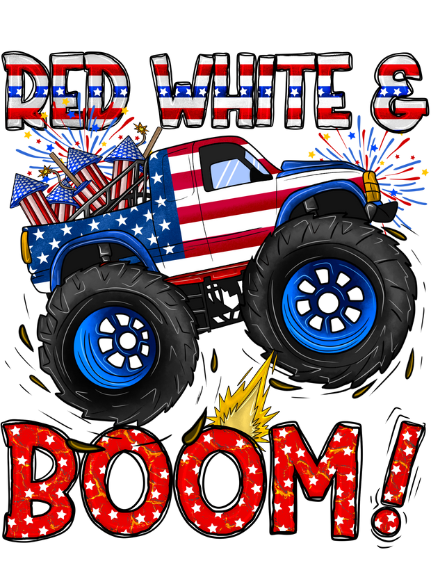 Red White Boom Monster Truck DTF (direct-to-film) Transfer