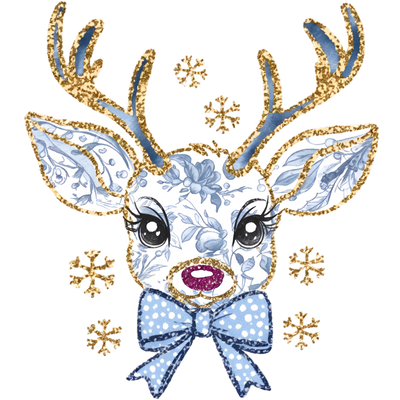 Reindeer Gold and Blue With Bow DTF (direct-to-film) Transfer