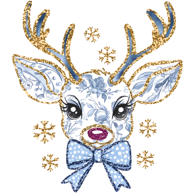 Reindeer Gold and Blue With Bow DTF (direct-to-film) Transfer