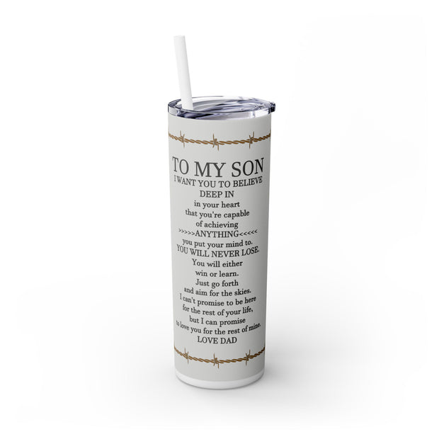 To My Son Love Dad In Black Font With Lion And Barbed Wire  UV-DTF 20 oz Skinny Tumbler Wrap