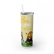 Bee Happy For No Reason Gnome Trio With Honeycomb And Yellow Backdrop UV-DTF 20 oz Skinny Tumbler Wrap