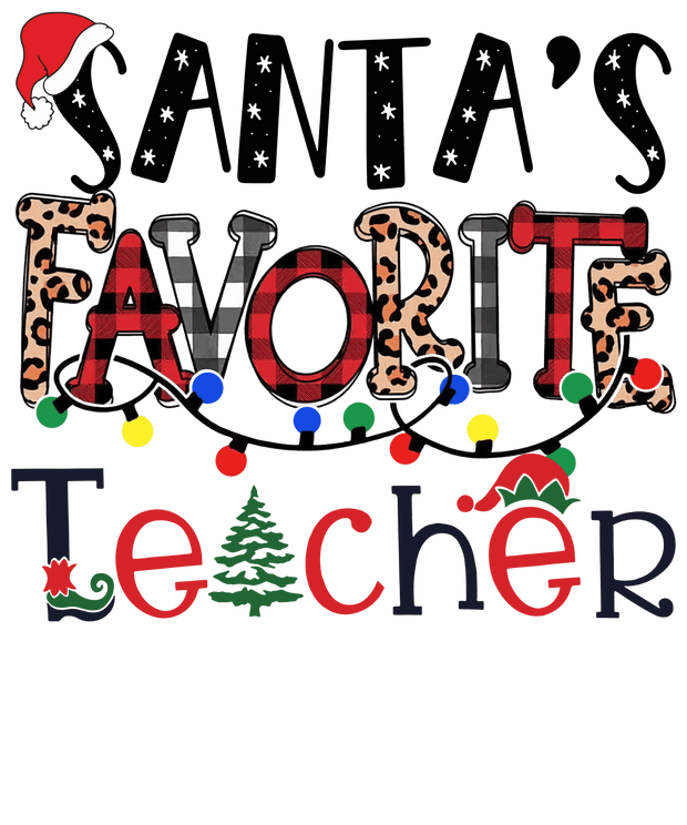 Santa's Favorite Teacher in Plaid and Leopard DTF (direct-to-film) Transfer