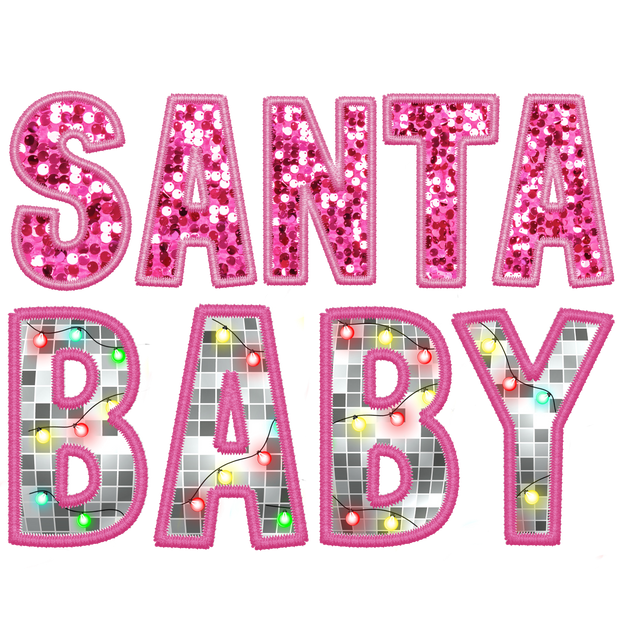 Santa in Pink Sequins and Baby in Plaid DTF (direct-to-film) Transfer