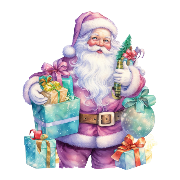 Santa in Purple Suit With Blue Gifts DTF (direct-to-film) Transfer