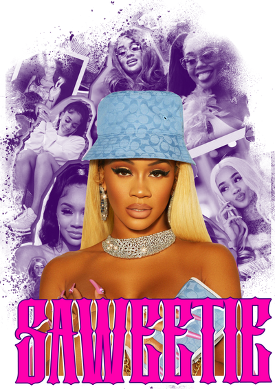 Saweetie Pink Font Blue Hat DTF (direct-to-film)