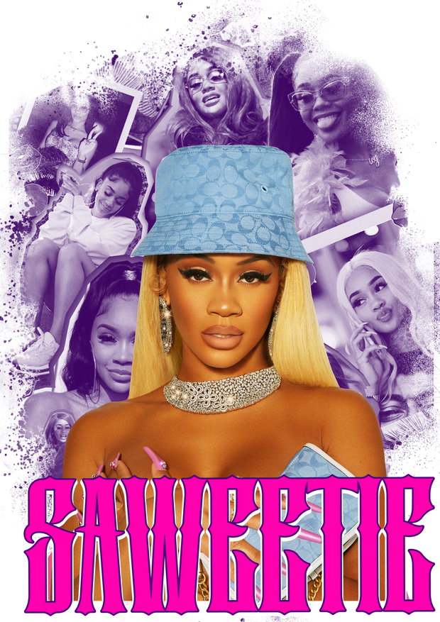 Saweetie Pink Font Blue Hat DTF (direct-to-film)