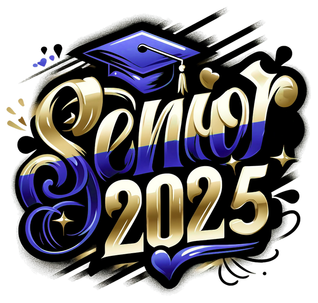 Senior 2025 Airbrushed Gold & Blue DTF (direct-to-film) Transfer