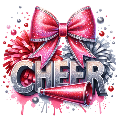 Silver Faux Glitter Cheer With Red Bow DTF (direct-to-film) Transfer