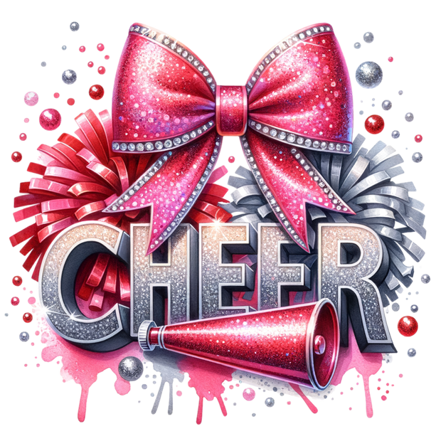 Silver Faux Glitter Cheer With Red Bow DTF (direct-to-film) Transfer