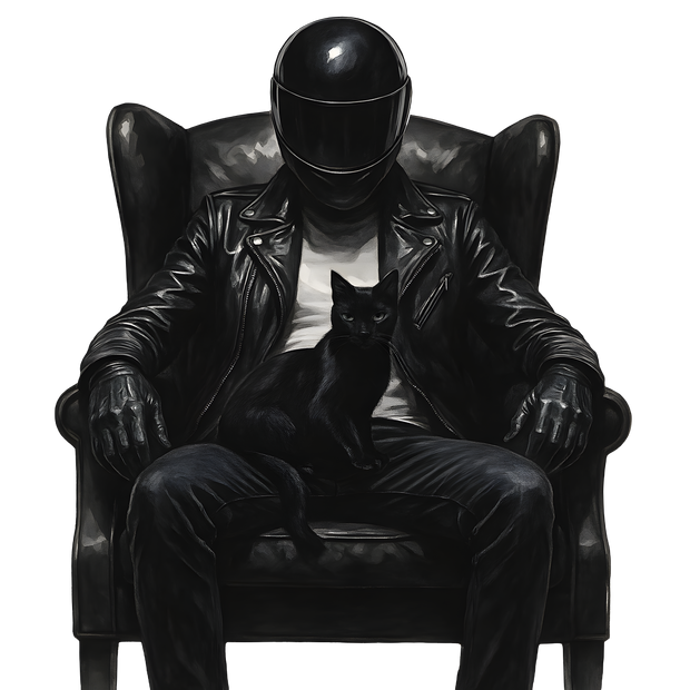 Sitting Biker with Black Cat DTF (direct-to-film) Transfer