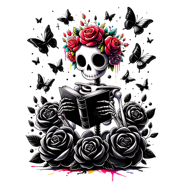 Skeleton Reading in Red Roses DTF (direct-to-film) Transfer – Twisted ...