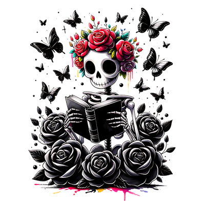 Skeleton Reading in Red Roses DTF (direct-to-film) Transfer