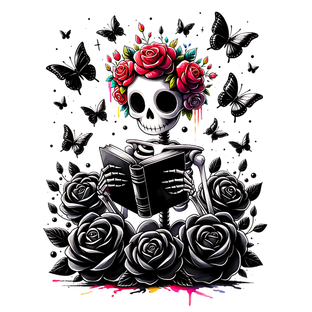 Skeleton Reading in Red Roses DTF (direct-to-film) Transfer