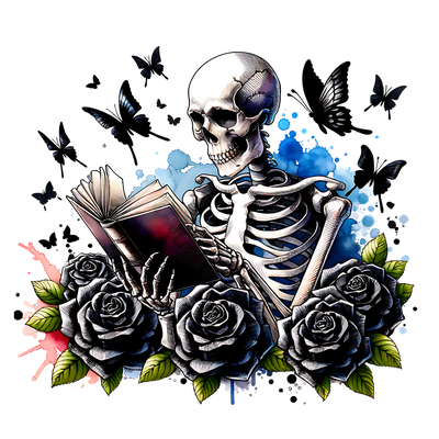 Skeleton Reading with Black Butterflies DTF (direct-to-film) Transfer