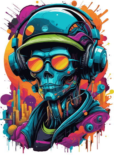 Skeleton in Headphones Color Drip DTF (direct-to-film) Transfer