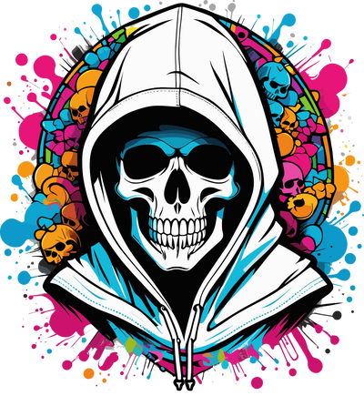 Skeleton in White Hoodie Color Drip DTF (direct-to-film) Transfer
