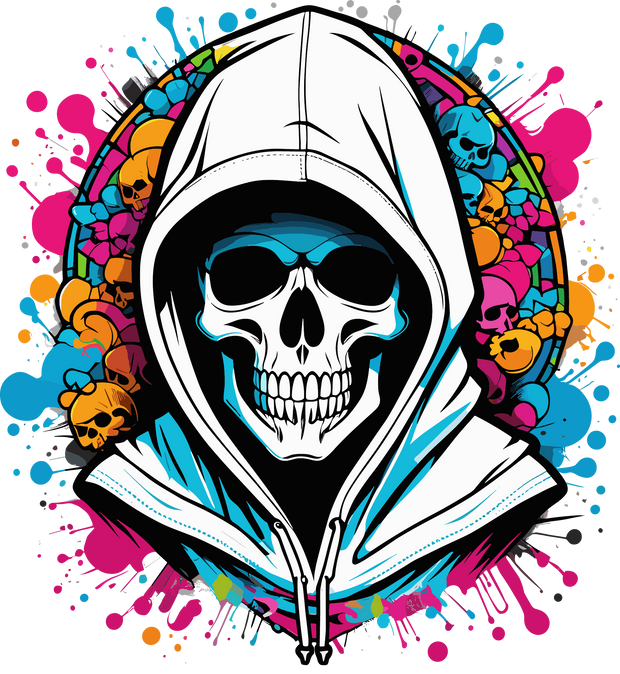 Skeleton in White Hoodie Color Drip DTF (direct-to-film) Transfer