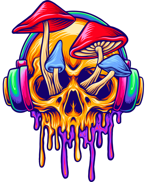 Skull Shrooms & Headphones Color Drip DTF (direct-to-film) Transfer