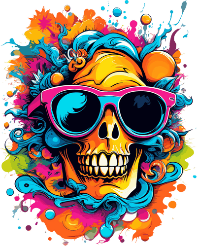 Skull in Pink Glasses Color Drip DTF (direct-to-film) Transfer