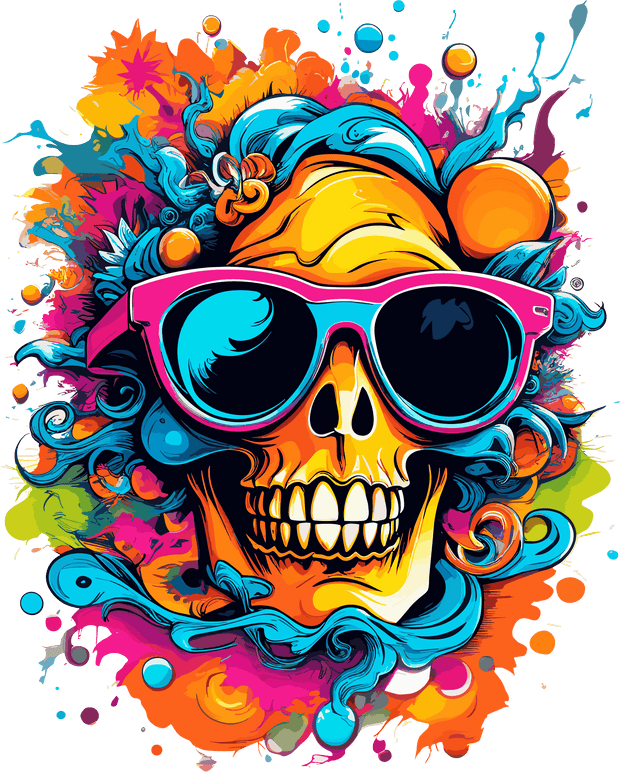 Skull in Pink Glasses Color Drip DTF (direct-to-film) Transfer