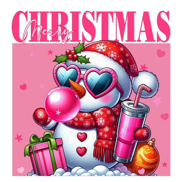 Snowman With Pink Cup Bubble & Gift DTF (direct-to-film) Transfer