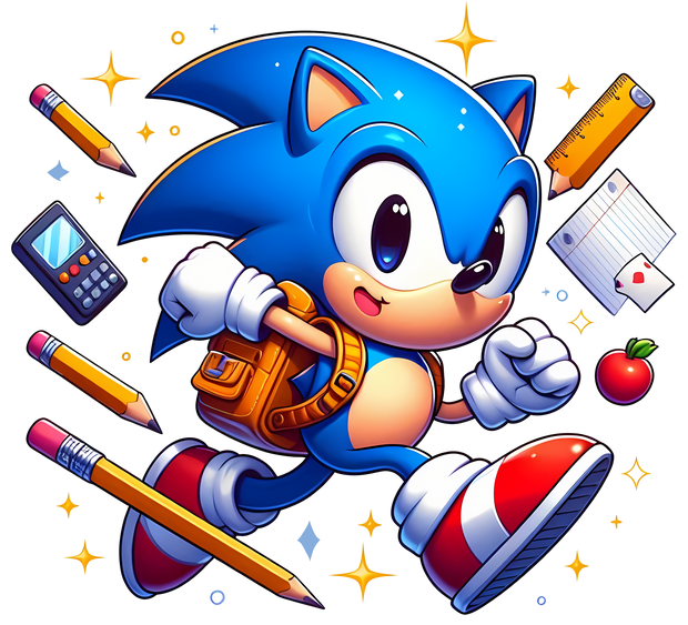 Sonic Running with School Supplies DTF (direct-to-film) Transfer