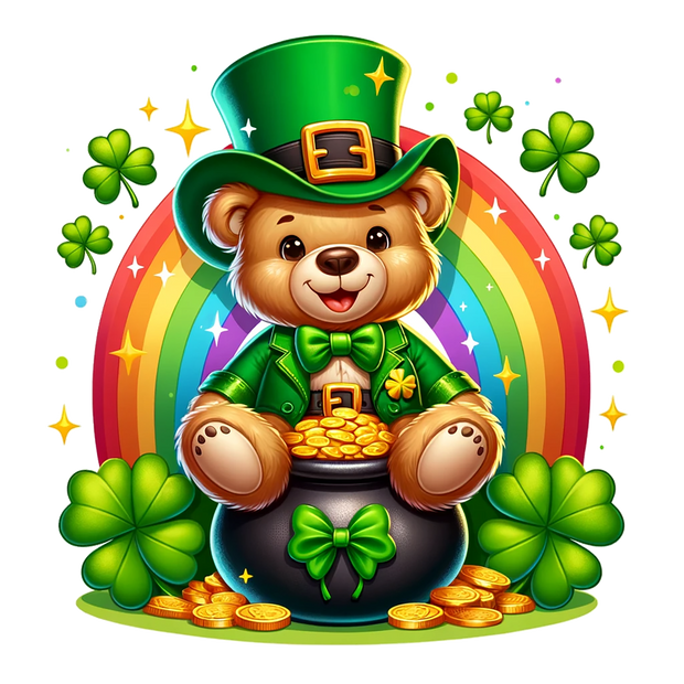 St. Patrick_s Day Bear With Green Bow on Pot DTF (direct-to-film) Transfer