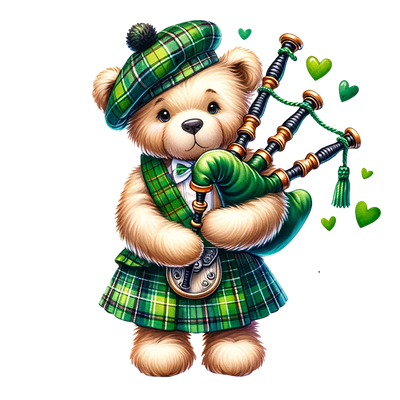 St. Patrick's Day Bear in Plaid Hat With Instrument DTF (direct-to-film) Transfer