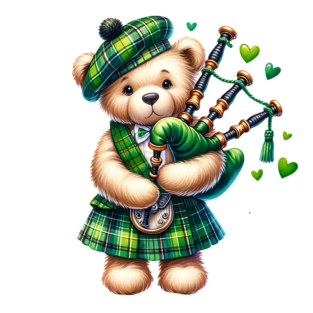 St. Patrick's Day Bear in Plaid Hat With Instrument DTF (direct-to-film) Transfer