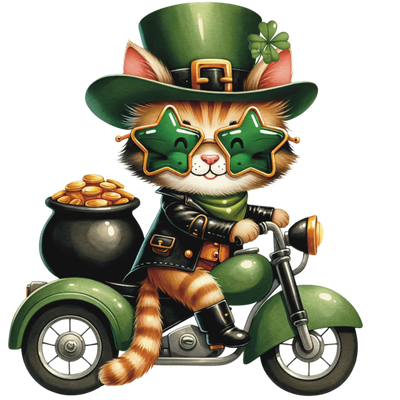 St. Patrick_s Day Striped Cat on Bike DTF (direct-to-film) Transfer