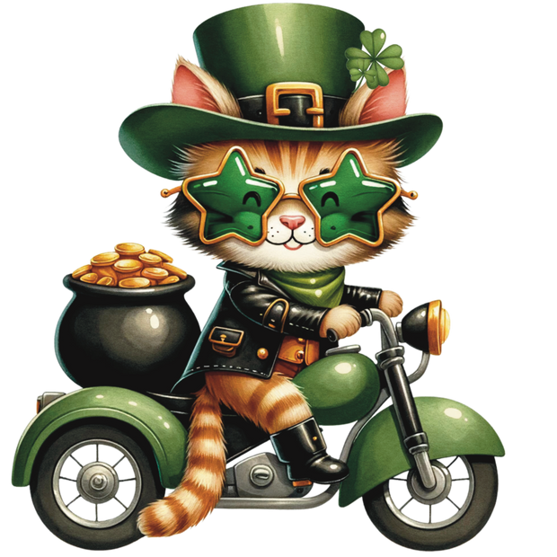 St. Patrick_s Day Striped Cat on Bike DTF (direct-to-film) Transfer