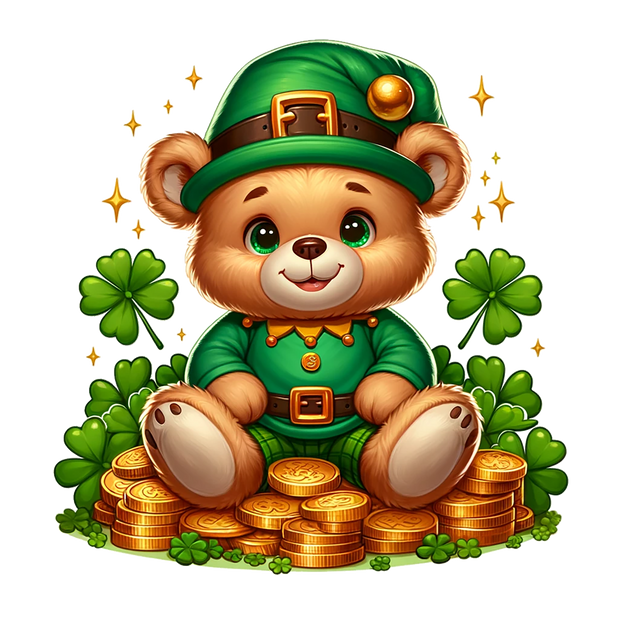 St. Patrick_s Day Teddy Sitting on Gold DTF (direct-to-film) Transfer