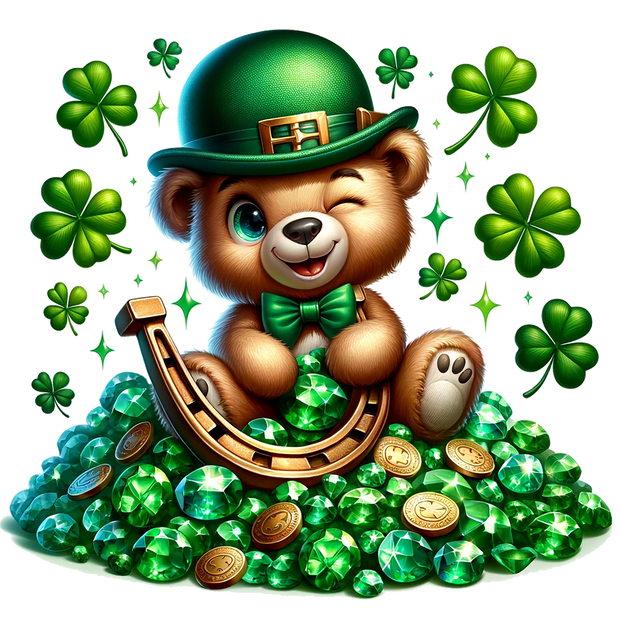 St. Patrick_s Day Winking Bear Sitting on Gems DTF (direct-to-film) Transfer