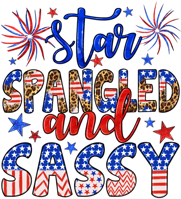 Star Spangled And Sassy In Red Blue And American Flag Filled Font DTF (direct-to-film) Transfer