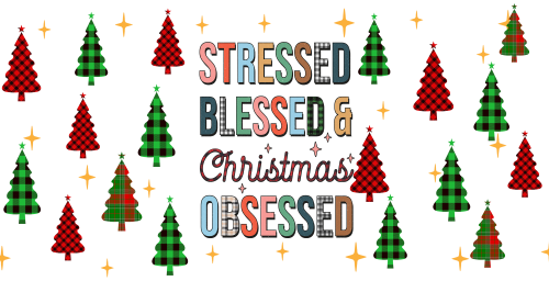 Stressed Blessed Christmas Obsessed-Christmas Tree Buffalo Plaid 16oz UV DTF Libby Cup Wrap