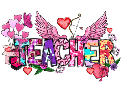 Teacher Valentine With Angel Wings Bow And Arrow And Hearts Multi Print Font DTF (direct-to-film) Transfer